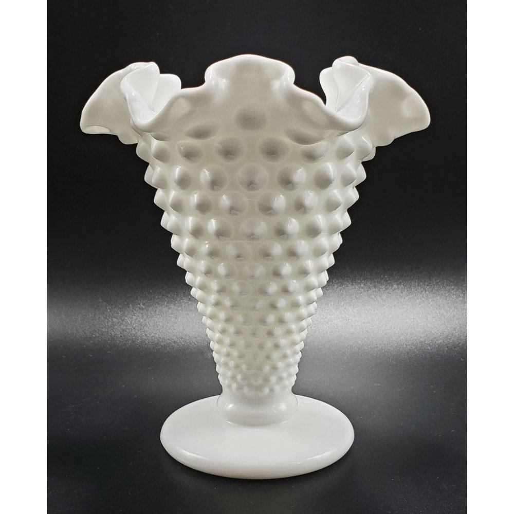 Fenton Milk Glass Vintage Hobnail Cone Shaped Trumpet Vase Ruffle/Crimped Footed